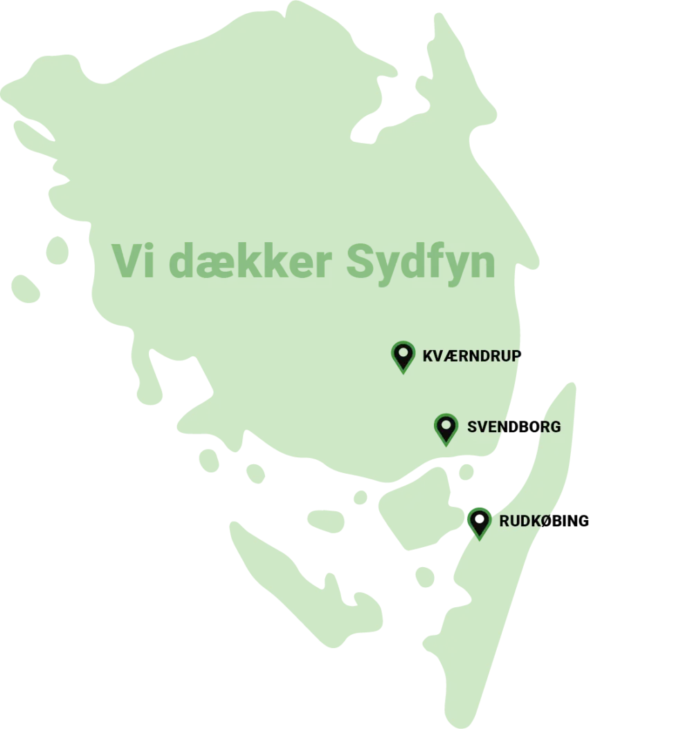 Kort over Sydfyn og øerne med Bønnelykke Els arbejdsområder